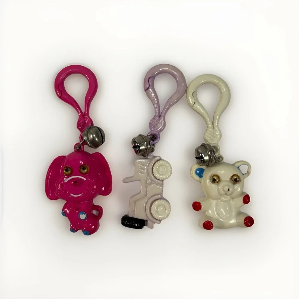 Vtg 80s Plastic Clip Bell Charm Googly Eye Teddy Bear Dog Car‎ Set Of 3